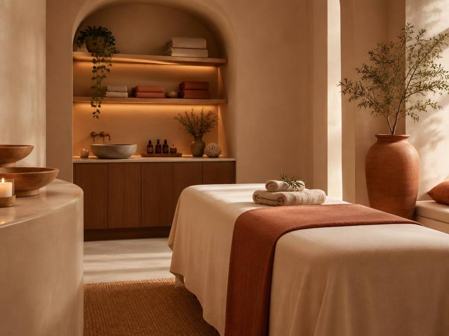 Sala de spa en tonos cálidos, fotografía de muestra