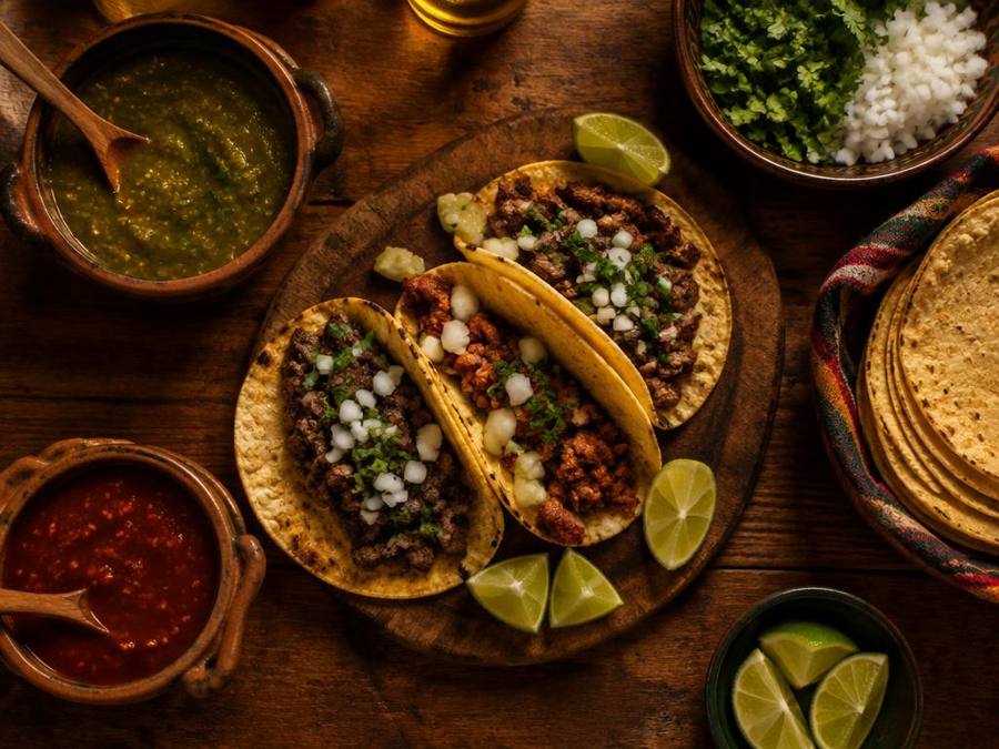 Tacos sobre mesa de madera, fotografía de muestra
